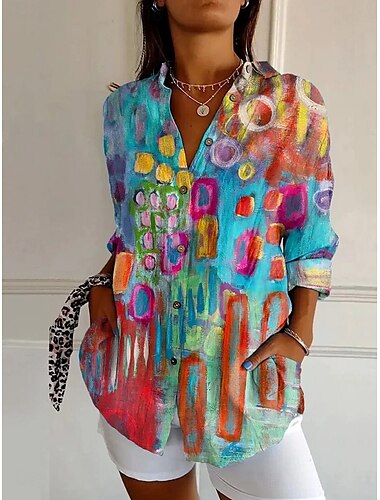  Dames Overhemd Ombre Bloemig Grafisch Vintage Tropisch Hawaii Lange mouw Overhemdkraag Normale tops Werk Dagelijks Knop Afdrukken blauw Oranje Bruin Groen Zomer Lente Herfst