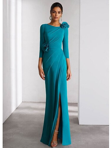 A-Linje Kveldskjole Elegant Kjole Formell Bryllup Gulvlang Langermet Sirkulær Utringning Avtagbar Stretch Crepe med Skulderblomst