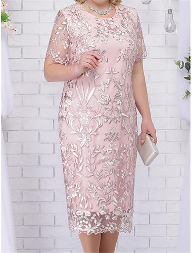 Plus Size Klänning Mor till Bruden Curve Klänning Elegant Rundhals Te Längd Spets Kortärm med Enfärgad 2025