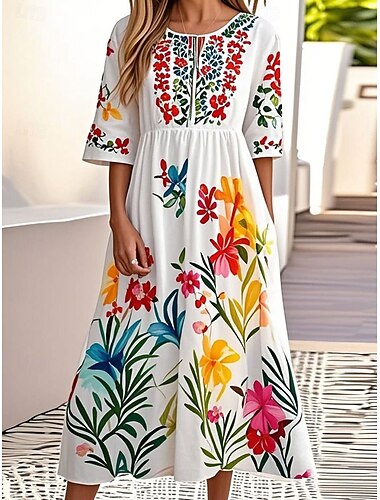  Femmes Robe Midi Robe d'été Robe Plissée Vacances Occasionnel Chaussures de plage Quotidien Fête Coupe Ample Fleuri Graphique Manche Courte Col ras du cou Blanche Vert Été