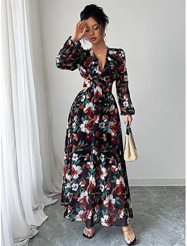  A-Linie Quinceanera Kleider Elegantes Kleid Hochzeit Hochzeitsgast Bodenlänge Langarm V-Ausschnitt Chiffon Rückenausschnitt mit Blumenmuster Hochzeitsgastkleid 2025