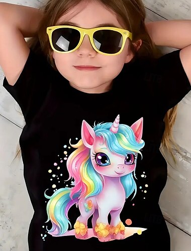  Ragazze 3D Unicorno Maglietta Manica Corta Estate Primavera Moda Essenziale Bambini 4-12 Anni Girocollo All'aperto Casuale Quotidiano Vestibilità regolare