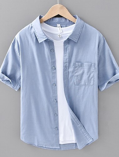  Per uomo Camicia Camicia di lino Camicia casual Camicia con Bottoni Camicia di cotone Semplice Vacanza Streetwear Bianco Blu marino Blu Verde Manica Corta Collo ripiegato Estate Abbigliamento Tasca