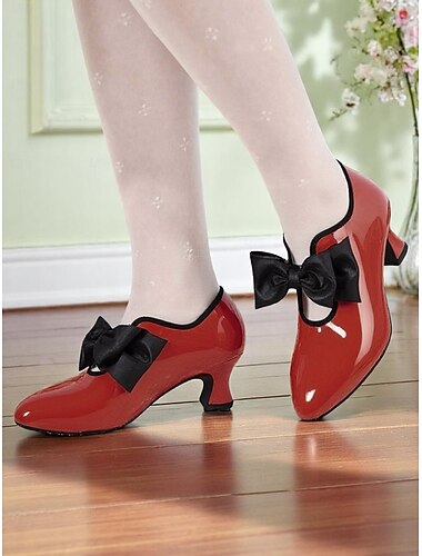  Rode lakleren damesschoenen met lage hak – vintage pumps met puntige neus uit de jaren 20 met zwarte strik voor theekransjes, bruiloften en retro-evenementen