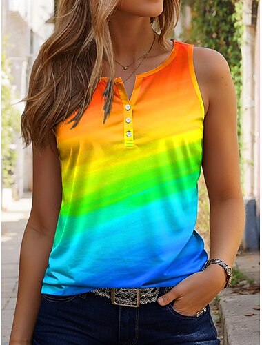  LGBT Pride Parade Pride Regnbåge Kvinnors Linne Tank Top Ombre Grafik Vintage Stilig Avslappnad Änklös Notch-hals Vanliga Toppar Dagligt Knappar Tryck Gul Röd Blå Sommar Vår