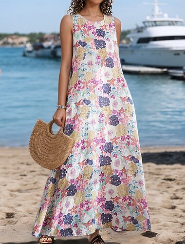  Damen Maxikleid A Linie Kleid Sommerkleid Boho Täglich Ferien Normale Passform Grafik Farbblock Ärmellos Rundhalsausschnitt Weiß Khaki Beige Sommer