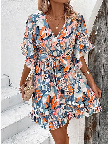  Damen Minikleid Rüschenkleid Lässig Flattrige Ärmel Formpassend Kleines Blumenmuster Kurzarm V Ausschnitt Orange Sommer Herbst