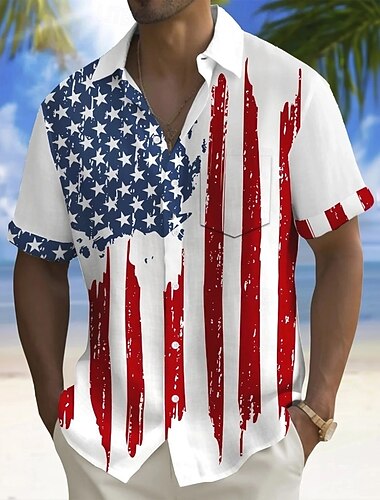  Självständighetsdagen Herr Amerikanska amerikanska flaggan Patriotisk Fjärde juli Skjorta Sommarskjorta Knapp upp skjorta Kortärmad Mode Casual Helgdag Sommar Vår Nedvikt 3D-utskrift krage skjortor