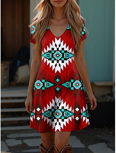  Dámské Boho šaty západní šaty vintage mini šaty T-shirt šaty tee šaty letní šaty prázdninové ležérní plážové vycházkové regular fit grafické kmenové krátký rukáv V výstřih červená modrá fialová