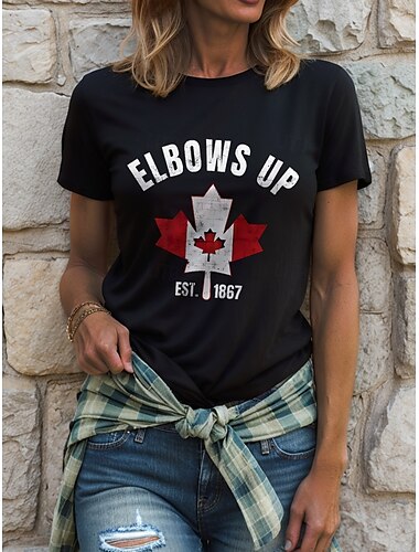  T Shirt da Donna del Canada Grafica Bandiera Lettera Vintage Elegante Casual Maniche Corte Collo Rotondo Top Regolari Quotidiano Weekend Stampa Nero e Bianco Bianco Nero Nero Bianco Rosso