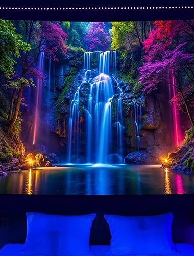 Tapisserie Nocturne Lumineuse en Noir UV Réactive Cascades Trippy Montagne Brumeuse Paysage Nature Tapisserie Suspendue Décoration Murale pour Salon Chambre