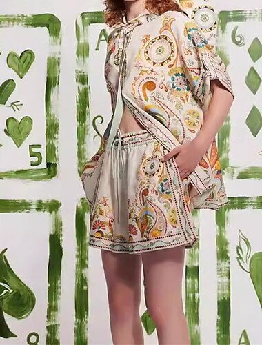  Damen Mode Streetwear Baumwoll-Leinen-Hemden Baumwoll-Leinen-Sets Shorts-Sets Kurzarm Hemdkragen Druck Druck Alltagskleidung Date Beige Sommer Normale Passform
