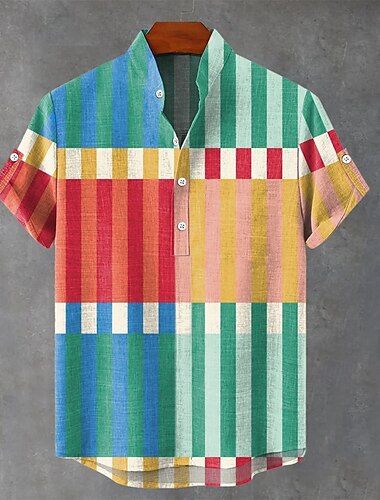  Férfi Vászon ing Popover ing Nyári póló Alkalmi ing Stranding Henley ing Csík Vakáció Napi Multi Color Rövid ujjú Mandarin gallér Nyár Tavasz Ruházat