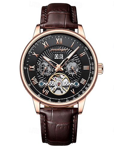  Automatische mechanische Hohluhr Luxus wasserdicht Datum &Woche Leder Mode Herrenuhr Geschäft männlich Uhr Freizeit