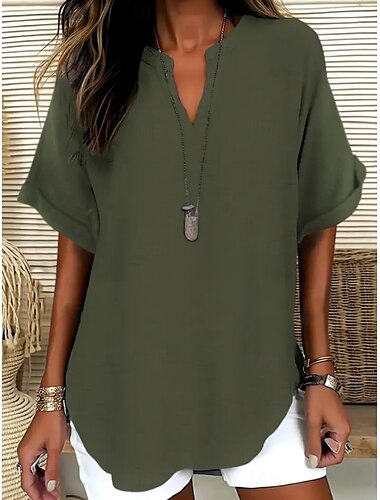  Damen Bluse Einfarbig Stilvoll Lässig Kurzarm V Ausschnitt Normale Oberteile Täglich Schwarz Armeegrün Blau Sommer