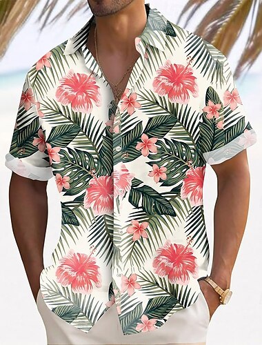  Herren Pflanzen Tropische Blumen Palmblatt Sommer Hawaiihemd Knopfhemd Alohahemd Kurzarm Hawaiianisch Resort Urlaub Ferien Strandbekleidung Sommer Frühling Umlegekragen 3D-Druck Hemden mit Kragen