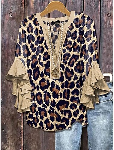  Damen Bluse Grafik Leopard Gestreift Elegant Bohemien Ethnisch Dreiviertelarm V Ausschnitt Normale Oberteile Täglich Ferien Urlaubskleidung Druck Braun Khaki Sommer Frühling Herbst