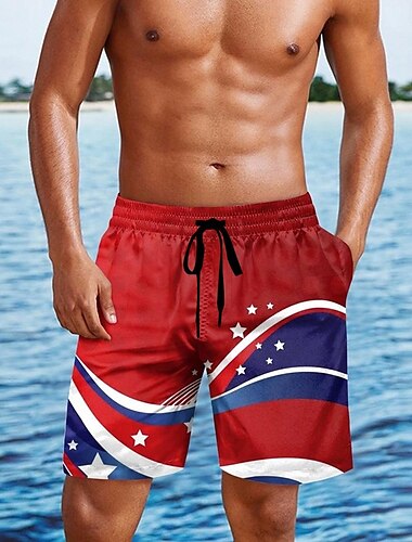  Tag der Unabhängigkeit Herren Amerikanische US-Flagge Patriotisch Badehosen Badeshorts Boardshorts Mittlere Taille Hawaiianisch Ferien Seitentaschen Netzfutter Elastischer Kordelzug in der Taille