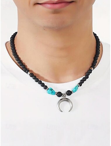  Herren-Halskette aus Lavasteinperlen mit türkisfarbenem und halbmondförmigem Anhänger – Boho-Stil, verstellbare Länge, Unisex für die Freizeit, den Außenbereich und den täglichen Gebrauch
