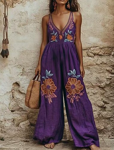  Dam Vanligt Jumpsuits Streetwear Blommig Ärmlös V-hals Mönster Gata Dagligen Normal Purpur Sommar