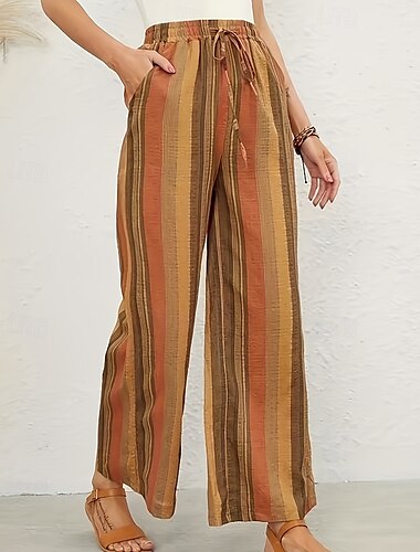  Women's Slacks Pants Trousers Casual Full Length Natural Striped Pocket Elastic Drawstring Design Comfy Outdoor Comfortable Outdoor Holiday Casual Daily Yellow Summer Regular Fit