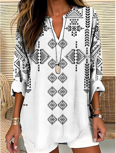  Dames Blouse Bloemig Grafisch Paisley Elegant Bohemen Vintage Lange mouw V-hals Normale tops Dagelijks Feestdagen Afdrukken Wit Licht Bruin blauw Groen Khaki Zomer Lente