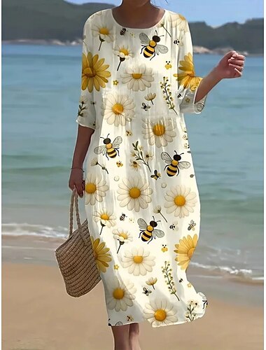  女性用 マキシドレス シフトドレス 旅行度假风 カジュアル ボヘミアン アウトドア お出かけ ルーズフィット フラワー 七分袖 クルーネック イエロー 夏