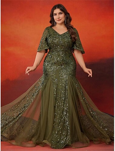  A-Linje Plus Size Klänningar Elegant Kurva Klänning Formell Bröllop Golvlängd Korta Ärmar V-Hals Polyester med Paljetter 2025