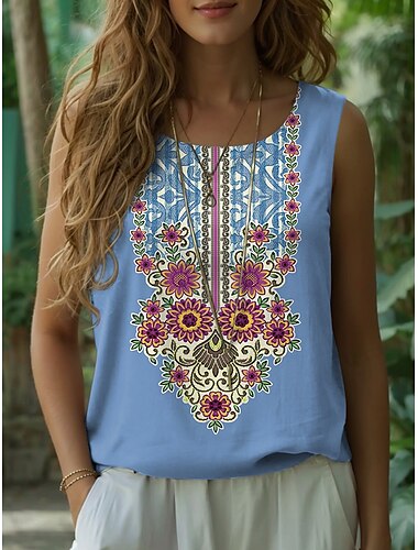  Damen Camisole-Tanktop Blumen Grafik Bohemien Retro Vintage Ärmellos Rundhalsausschnitt Normale Oberteile Urlaubskleidung Schwarz Weiß Blau Khaki Sommer Frühling
