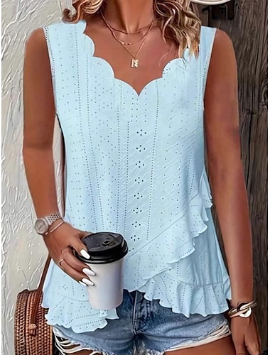  Dames Hemdje Tanktop Effen Dagelijks Casual Mouwloos V-hals Normale tops Dagelijks Ruche Vetergat Wit Geel Blozend Roze Groen Licht Blauw Zomer