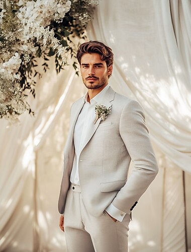  costumes de mariage en lin pour hommes beige mode formel été couleur unie coupe standard 2 pièces simple boutonnage un bouton