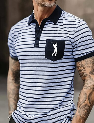  Herren Horizontale Streifen Polo Kurzarm Umlegekragen Alltagstauglich Athleisure Alltagstauglich Knöpfe Tasche Sommer Rubinrot aschgrau