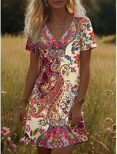  Dames Mini-jurk T shirt jurk Zonnejurk Zomerjurk Vakantie Casual Boho Dagelijks Uitgaan Normale pasvorm Grafisch Paisley Korte mouw V-hals Blozend Roze Zomer