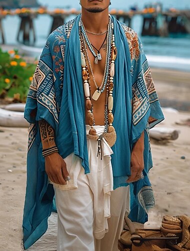  Herren Sommerhemd Freizeithemd Strandhemd Schultertücher Blau Kurzarm Boho Öffnung vorne Urlaub Hawaiianisch Bekleidung Polyester Mode Lässig Bequem