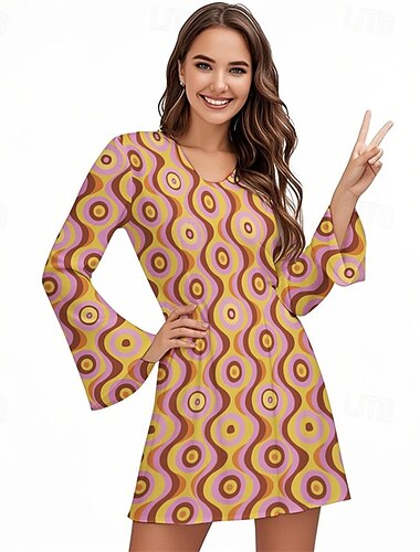  Retro Vintage 1970er Groovy Kleid Stirnband Hippie Disco Geometrisch Psychedelisch Damen Halloween Karneval Urlaub Musikfestival Festival Erwachsene Kleid Stirnband