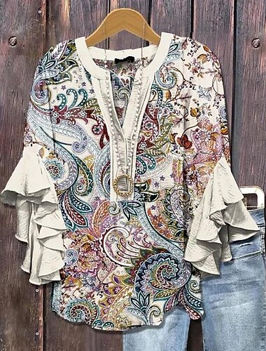  Damenbluse Geschichtete Rüschenschlupfärmel Tops Floral Grafik Paisley Bohemia Vintage Täglich 3/4 Lange Ärmel V-Ausschnitt Reguläre Tops Täglich Urlaub Ferien Kleidung Print Schwarz Pink Lila