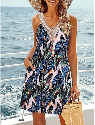  Damen Minikleid A Linie Kleid Unterkleid Urlaub Lässig Strand Ärmellos Ferien Date Strand Normale Passform Grafik Ärmellos V Ausschnitt wasserblau Schwarz Hellgrün Rote Sommer