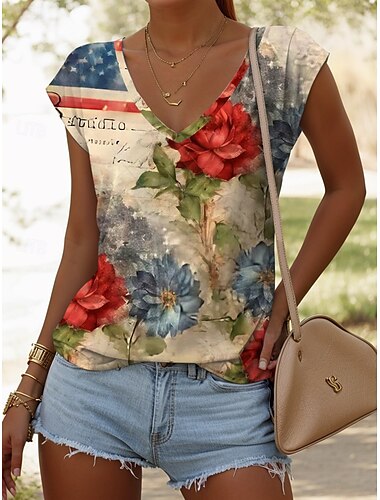  Women's Patriotic  Blouse Graphic Flag Vintage Stylish Casual Sleeveless V Neck Regular Tops Daily Print Red Blue Khaki Summer Spring
