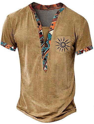  Herren Stammes Ethnisch T Shirt Henley Hemd T-Shirt Kurzarm Designer Basic Ethnisch Outdoor Lässig Täglich Sommer Braun Hellgrün Khaki Henley Henley T-Shirt
