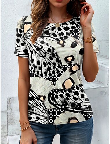  Damen T Shirt Grafik Leopard Schmetterling Vintage Stilvoll Klassisch Kurzarm Rundhalsausschnitt Rundhals Normale Oberteile Täglich Druck Rosa Blau Purpur Khaki Sommer Frühling