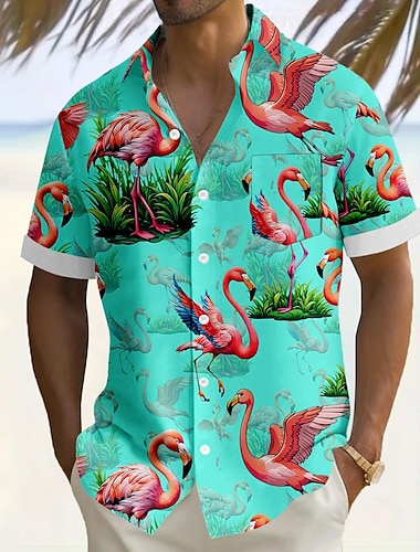  Herren Flamingo Vogel Tropische Pflanzen Sommer Hawaiihemd Knopfhemd Alohahemd Kurzarm Hawaiianisch Urlaub Ferien Strandbekleidung Sommer Umlegekragen 3D-Druck Eine Tasche vorne Leinenähnliches Hemd