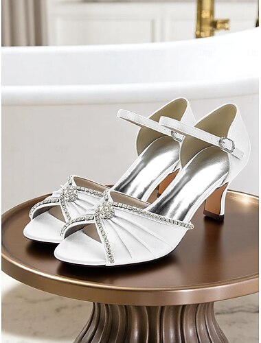  Escarpins à bout ouvert en satin blanc pour femme avec bride cheville en strass – chaussures élégantes pour cocktails et mariages, idéales pour les soirées festives