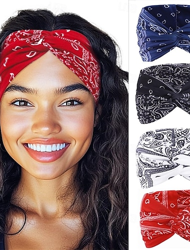  Lot de 4 bandanas bohèmes noués pour cheveux, turbans, sport, yoga, pour femmes