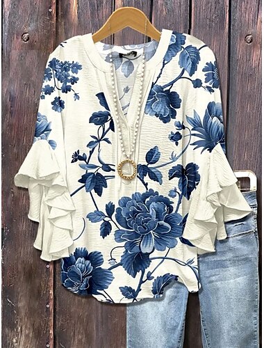  Dames Blouse Ombre Bloemig Grafisch Elegant Bohemen Etnisch 3/4 mouw V-hals Normale tops Dagelijks Feestdagen Vakantiekleding Ruche Afdrukken Zwart Wit Stoffig blauw Paars Zomer Lente Herfst