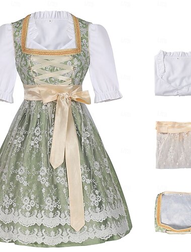  Damen Elegantes Bayerisches Dirndl Kleid Kostüm mit Spitzenschürze und Satinschbluse Champagner Gold Outfit für das Oktoberfest Festival