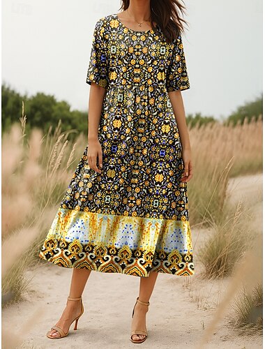  Damen Midikleid Sommerkleid Faltenkleid Urlaub Lässig Strand Täglich Ferien Lässiger Schnitt Blumen Grafik Halbarm Rundhalsausschnitt Gelb Rote Purpur Grün Sommer