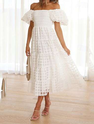  Damen Langes Kleid Maxikleid Freizeitkleid Mode Outdoor Party Ferien Normale Passform Einfach Kurzarm Schulterfrei Blau Weiß Rosa Sommer