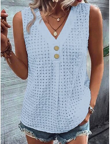  Damen Bluse Einfarbig Elegant Vintage Tropisch Ärmellos V Ausschnitt Normale Oberteile Täglich Ferien Knöpfe Schwarz Weiß Hellgrün Rosa Leicht Blau Sommer Frühling