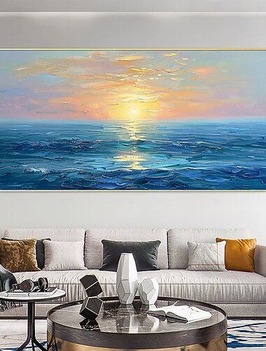 handgemaakte originele zonsondergang oceaan olieverfschilderij op canvas abstract zeegezicht wanddecoratie voor thuisdecoratie met gespannen frame zonder binnenlijst schilderij