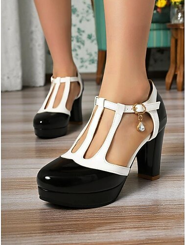  Zapatos de tacón alto con plataforma y tira en T en blanco y negro para mujer: calzado elegante de inspiración vintage de los años 50 para la oficina, bodas y cócteles.